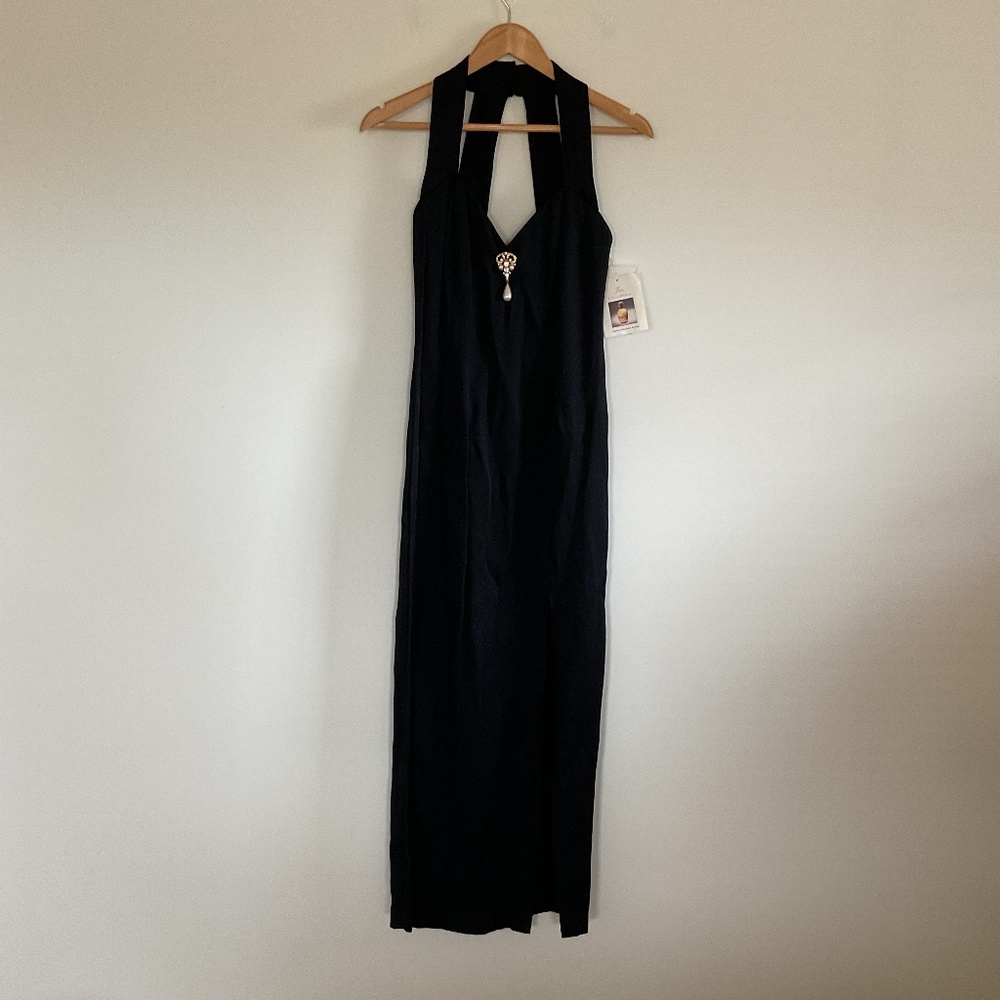 Jessica McClintock Black Halter Open Back Slit Maxi Dress Sz 6 Tear Drop Brooch